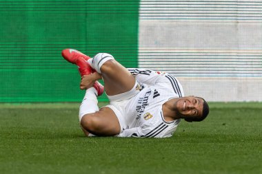 Pamplona, İspanya - 15 Şubat 2025: Pamplona 'da oynanan Osasuna ve Real Madrid ligi maçı. Gerçek Madrid oyuncuları. Avrupa şampiyonları. Lig 2024, 2025