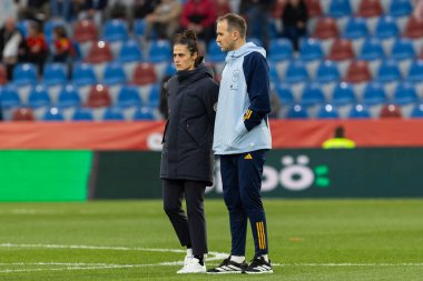 Valencia, İspanya - 21 Şubat 2025: İspanya milli takımı ile Belçika milli takımı arasındaki maç Valencia 'da oynandı. UEFA Kadın Milletler Ligi. İspanyol milli futbol takımının oyuncuları.