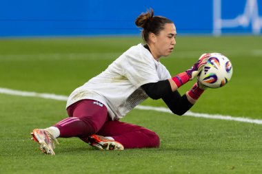 Valencia, İspanya - 21 Şubat 2025: İspanya milli takımı ile Belçika milli takımı arasındaki maç Valencia 'da oynandı. UEFA Kadın Milletler Ligi. İspanyol milli futbol takımının oyuncuları.