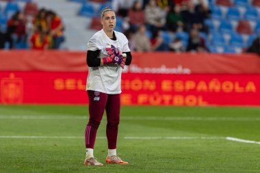 Valencia, İspanya - 21 Şubat 2025: İspanya milli takımı ile Belçika milli takımı arasındaki maç Valencia 'da oynandı. UEFA Kadın Milletler Ligi. İspanyol milli futbol takımının oyuncuları.