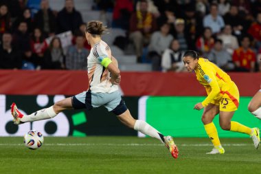 Valencia, Spain - February 21, 2025: Match between the Spanish national team and the Belgian national team played in Valencia. UEFA Womens Nations League. Players of the Spanish national soccer team. clipart