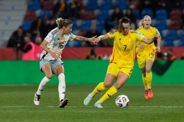 Valencia, İspanya - 21 Şubat 2025: İspanya milli takımı ile Belçika milli takımı arasındaki maç Valencia 'da oynandı. UEFA Kadın Milletler Ligi. İspanyol milli futbol takımının oyuncuları.