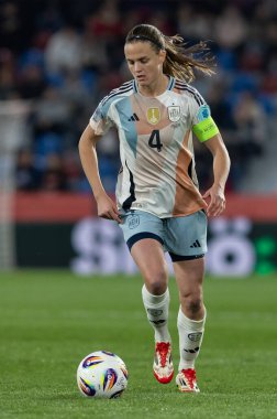 Valencia, İspanya - 21 Şubat 2025: İspanya milli takımı ile Belçika milli takımı arasındaki maç Valencia 'da oynandı. UEFA Kadın Milletler Ligi. İspanyol milli futbol takımının oyuncuları.