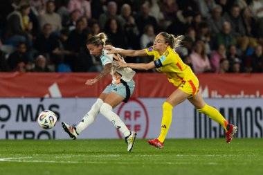 Valencia, İspanya - 21 Şubat 2025: İspanya milli takımı ile Belçika milli takımı arasındaki maç Valencia 'da oynandı. UEFA Kadın Milletler Ligi. İspanyol milli futbol takımının oyuncuları.