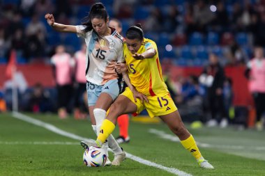 Valencia, İspanya - 21 Şubat 2025: İspanya milli takımı ile Belçika milli takımı arasındaki maç Valencia 'da oynandı. UEFA Kadın Milletler Ligi. Belçika milli futbol takımının oyuncuları.