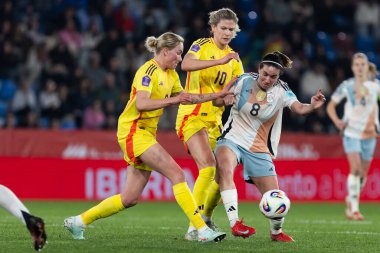 Valencia, İspanya - 21 Şubat 2025: İspanya milli takımı ile Belçika milli takımı arasındaki maç Valencia 'da oynandı. UEFA Kadın Milletler Ligi. Belçika milli futbol takımının oyuncuları.