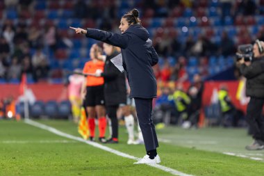 Valencia, İspanya - 21 Şubat 2025: İspanya milli takımı ile Belçika milli takımı arasındaki maç Valencia 'da oynandı. UEFA Kadın Milletler Ligi. İspanyol milli futbol takımının oyuncuları.