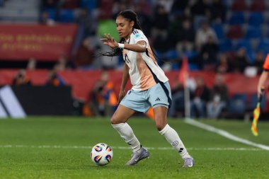 Valencia, İspanya - 21 Şubat 2025: İspanya milli takımı ile Belçika milli takımı arasındaki maç Valencia 'da oynandı. UEFA Kadın Milletler Ligi. İspanyol milli futbol takımının oyuncuları.