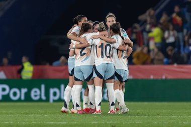 Valencia, Spain - February 21, 2025: Match between the Spanish national team and the Belgian national team played in Valencia. UEFA Womens Nations League. Players of the Spanish national soccer team. clipart