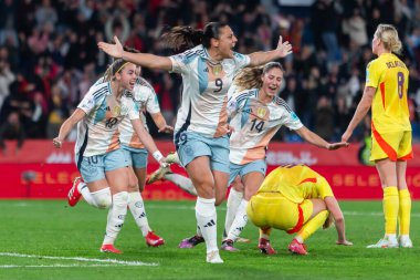 Valencia, Spain - February 21, 2025: Match between the Spanish national team and the Belgian national team played in Valencia. UEFA Womens Nations League. Players of the Spanish national soccer team. clipart