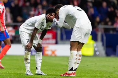 Madrid, İspanya - 12 Mart 2025: Madrid 'de Atletico Madrid ile Real Madrid arasında oynanan Şampiyonlar Ligi maçı. Gerçek Madrid oyuncuları. Avrupa şampiyonları. İspanyol Euroderby.