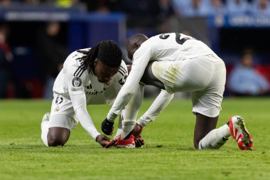 Madrid, İspanya - 12 Mart 2025: Madrid 'de Atletico Madrid ile Real Madrid arasında oynanan Şampiyonlar Ligi maçı. Gerçek Madrid oyuncuları. Avrupa şampiyonları. İspanyol Euroderby.