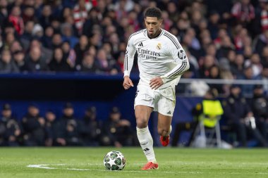 Madrid, İspanya - 12 Mart 2025: Madrid 'de Atletico Madrid ile Real Madrid arasında oynanan Şampiyonlar Ligi maçı. Gerçek Madrid oyuncuları. Avrupa şampiyonları. İspanyol Euroderby.