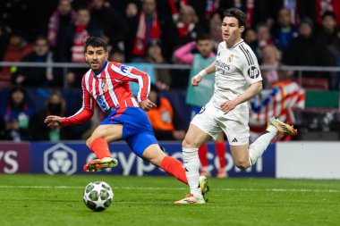 Madrid, İspanya - 12 Mart 2025: Madrid 'de Atletico Madrid ile Real Madrid arasında oynanan Şampiyonlar Ligi maçı. Gerçek Madrid oyuncuları. Avrupa şampiyonları. İspanyol Euroderby.