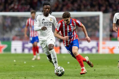Madrid, İspanya - 12 Mart 2025: Madrid 'de Atletico Madrid ile Real Madrid arasında oynanan Şampiyonlar Ligi maçı. Gerçek Madrid oyuncuları. Avrupa şampiyonları. İspanyol Euroderby.