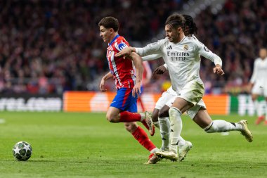 Madrid, İspanya - 12 Mart 2025: Madrid 'de Atletico Madrid ile Real Madrid arasında oynanan Şampiyonlar Ligi maçı. Gerçek Madrid oyuncuları. Avrupa şampiyonları. İspanyol Euroderby.