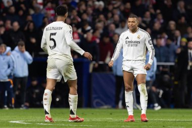 Madrid, İspanya - 12 Mart 2025: Madrid 'de Atletico Madrid ile Real Madrid arasında oynanan Şampiyonlar Ligi maçı. Gerçek Madrid oyuncuları. Avrupa şampiyonları. İspanyol Euroderby.