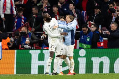Madrid, İspanya - 12 Mart 2025: Madrid 'de Atletico Madrid ile Real Madrid arasında oynanan Şampiyonlar Ligi maçı. Gerçek Madrid oyuncuları. Avrupa şampiyonları. İspanyol Euroderby.