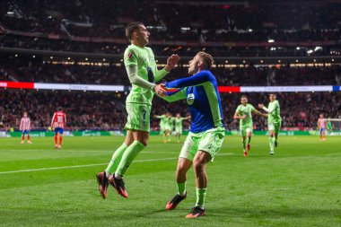 Madrid, İspanya - 16 Mart 2025: Atletico Madrid ile FC Barcelona arasındaki La Liga maçı Madrid 'de oynandı. Barselona oyuncuları. La Liga 2024, 2025.