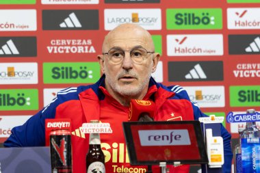 Valencia, İspanya - 23 Mart 2025: Koç Luis de la Fuente, İspanya Milli Takımı ile Hollanda Milletler Ligi çeyrek final maçı öncesinde basın toplantısı düzenledi..