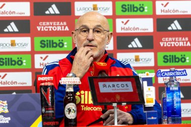 Valencia, İspanya - 23 Mart 2025: Koç Luis de la Fuente, İspanya Milli Takımı ile Hollanda Milletler Ligi çeyrek final maçı öncesinde basın toplantısı düzenledi..