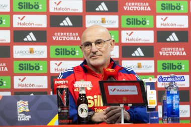Valencia, İspanya - 23 Mart 2025: Koç Luis de la Fuente, İspanya Milli Takımı ile Hollanda Milletler Ligi çeyrek final maçı öncesinde basın toplantısı düzenledi..