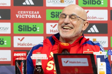 Valencia, İspanya - 23 Mart 2025: Koç Luis de la Fuente, İspanya Milli Takımı ile Hollanda Milletler Ligi çeyrek final maçı öncesinde basın toplantısı düzenledi..