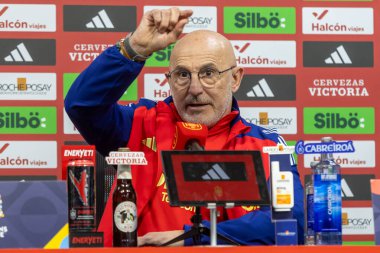 Valencia, İspanya - 23 Mart 2025: Koç Luis de la Fuente, İspanya Milli Takımı ile Hollanda Milletler Ligi çeyrek final maçı öncesinde basın toplantısı düzenledi..