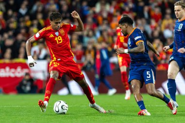 Valencia, İspanya - 23 Mart 2025: UEFA Uluslar Ligi çeyrek finalleri İspanya ile Hollanda arasında Valencia 'da oynandı. İspanyol milli takım oyuncuları. İspanya kazandı.