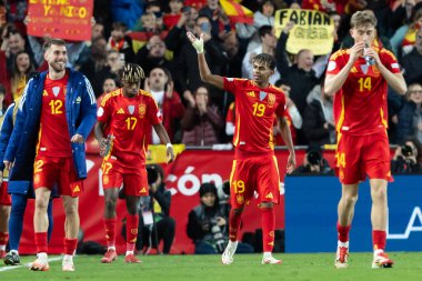 Valencia, İspanya - 23 Mart 2025: UEFA Uluslar Ligi çeyrek finalleri İspanya ile Hollanda arasında Valencia 'da oynandı. İspanyol milli takım oyuncuları. İspanya kazandı.