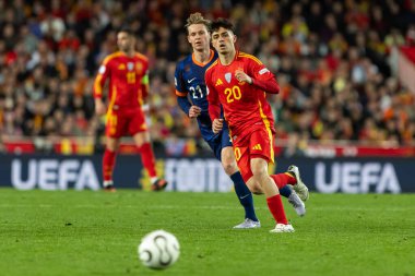 Valencia, İspanya - 23 Mart 2025: UEFA Uluslar Ligi çeyrek finalleri İspanya ile Hollanda arasında Valencia 'da oynandı. İspanyol milli takım oyuncuları. İspanya kazandı.