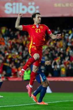 Valencia, İspanya - 23 Mart 2025: UEFA Uluslar Ligi çeyrek finalleri İspanya ile Hollanda arasında Valencia 'da oynandı. İspanyol milli takım oyuncuları. İspanya kazandı.