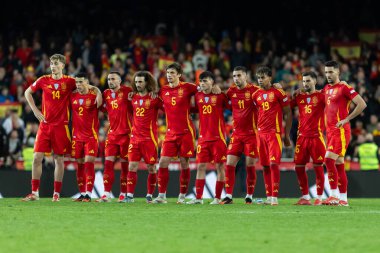 Valencia, İspanya - 23 Mart 2025: UEFA Uluslar Ligi çeyrek finalleri İspanya ile Hollanda arasında Valencia 'da oynandı. İspanyol milli takım oyuncuları. İspanya kazandı.