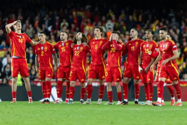 Valencia, İspanya - 23 Mart 2025: UEFA Uluslar Ligi çeyrek finalleri İspanya ile Hollanda arasında Valencia 'da oynandı. İspanyol milli takım oyuncuları. İspanya kazandı.