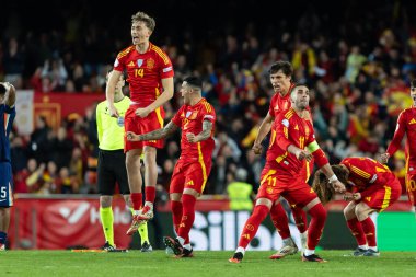 Valencia, İspanya - 23 Mart 2025: UEFA Uluslar Ligi çeyrek finalleri İspanya ile Hollanda arasında Valencia 'da oynandı. İspanyol milli takım oyuncuları. İspanya kazandı.