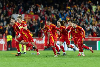 Valencia, İspanya - 23 Mart 2025: UEFA Uluslar Ligi çeyrek finalleri İspanya ile Hollanda arasında Valencia 'da oynandı. İspanyol milli takım oyuncuları. İspanya kazandı.