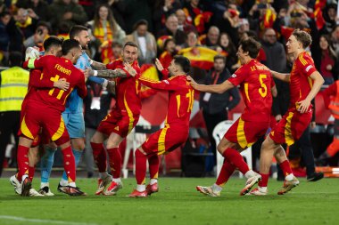 Valencia, İspanya - 23 Mart 2025: UEFA Uluslar Ligi çeyrek finalleri İspanya ile Hollanda arasında Valencia 'da oynandı. İspanyol milli takım oyuncuları. İspanya kazandı.