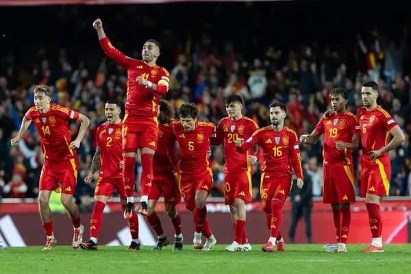 Valencia, İspanya - 23 Mart 2025: UEFA Uluslar Ligi çeyrek finalleri İspanya ile Hollanda arasında Valencia 'da oynandı. İspanyol milli takım oyuncuları. İspanya kazandı.
