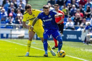 Madrid, İspanya - 30 Mart 2025: La Liga maçı Getafe FC ile Villarreal arasında Madrid 'de oynandı. Villarreal oyuncuları. Profesyonel futbol. La Liga 2024, 2025.