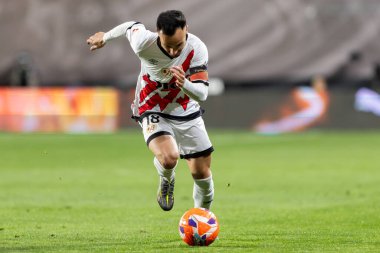 Madrid, İspanya - 4 Nisan 2025: Madrid 'de oynayan Rayo Vallecano ile CD Espaol arasındaki La Liga maçı. Rayo Vallecano oyuncuları. Profesyonel futbol. La Liga 2024-2025.