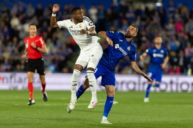 Madrid, İspanya - 23 Nisan 2025: Getafe FC ile Real Madrid arasında oynanan lig maçı. Gerçek Madrid oyuncuları. Şampiyonlar Ligi kazananları. Gerçek Madrid takımı..