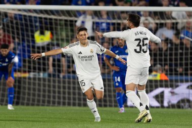 Madrid, İspanya - 23 Nisan 2025: Getafe FC ile Real Madrid arasında oynanan lig maçı. Gerçek Madrid oyuncuları. Şampiyonlar Ligi kazananları. Gerçek Madrid takımı..