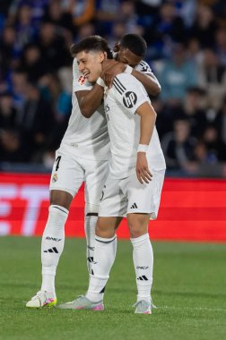 Madrid, İspanya - 23 Nisan 2025: Getafe FC ile Real Madrid arasında oynanan lig maçı. Gerçek Madrid oyuncuları. Şampiyonlar Ligi kazananları. Gerçek Madrid takımı..