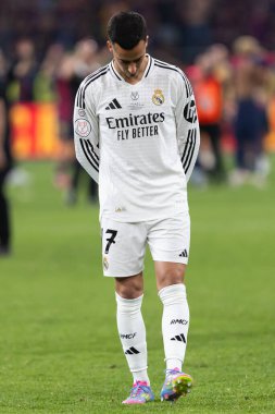 Seville, İspanya - 26 Nisan 2025: Copa del Rey finali Sevilla 'da FC Barcelona ile Real Madrid arasında. Barselona kazandı. İspanyol klasiği. Barselona oyuncuları.