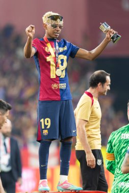 Seville, İspanya - 26 Nisan 2025: Copa del Rey finali Sevilla 'da FC Barcelona ile Real Madrid arasında. Barselona kazandı. İspanyol klasiği. Barselona oyuncuları.