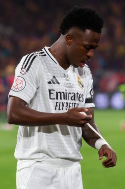 Seville, İspanya - 26 Nisan 2025: Copa del Rey finali Sevilla 'da FC Barcelona ile Real Madrid arasında. Barselona kazandı. İspanyol klasiği. Gerçek Madrid oyuncuları.