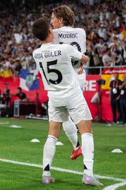 Seville, İspanya - 26 Nisan 2025: Copa del Rey finali Sevilla 'da FC Barcelona ile Real Madrid arasında. Barselona kazandı. İspanyol klasiği. Gerçek Madrid oyuncuları.