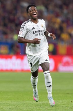 Seville, İspanya - 26 Nisan 2025: Copa del Rey finali Sevilla 'da FC Barcelona ile Real Madrid arasında. Barselona kazandı. İspanyol klasiği. Gerçek Madrid oyuncuları.