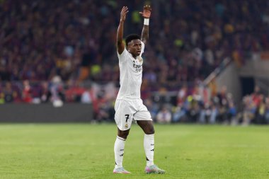 Seville, İspanya - 26 Nisan 2025: Copa del Rey finali Sevilla 'da FC Barcelona ile Real Madrid arasında. Barselona kazandı. İspanyol klasiği. Gerçek Madrid oyuncuları.