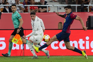 Seville, İspanya - 26 Nisan 2025: Copa del Rey finali Sevilla 'da FC Barcelona ile Real Madrid arasında. Barselona kazandı. İspanyol klasiği. Gerçek Madrid oyuncuları.